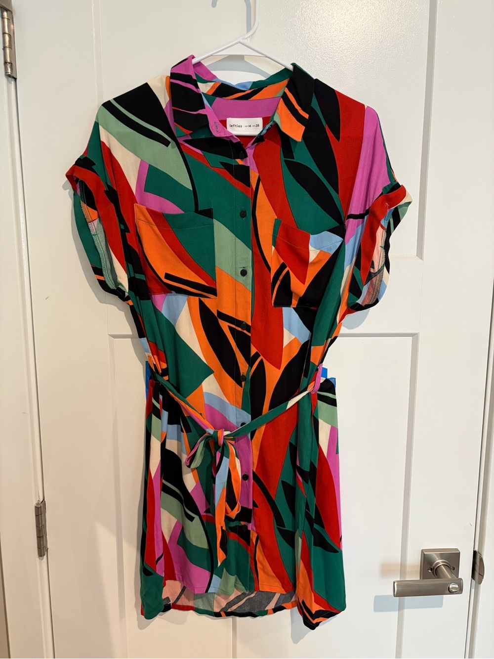 Abstract Multicolor Shirt Mini Dress with Self Tie Waist